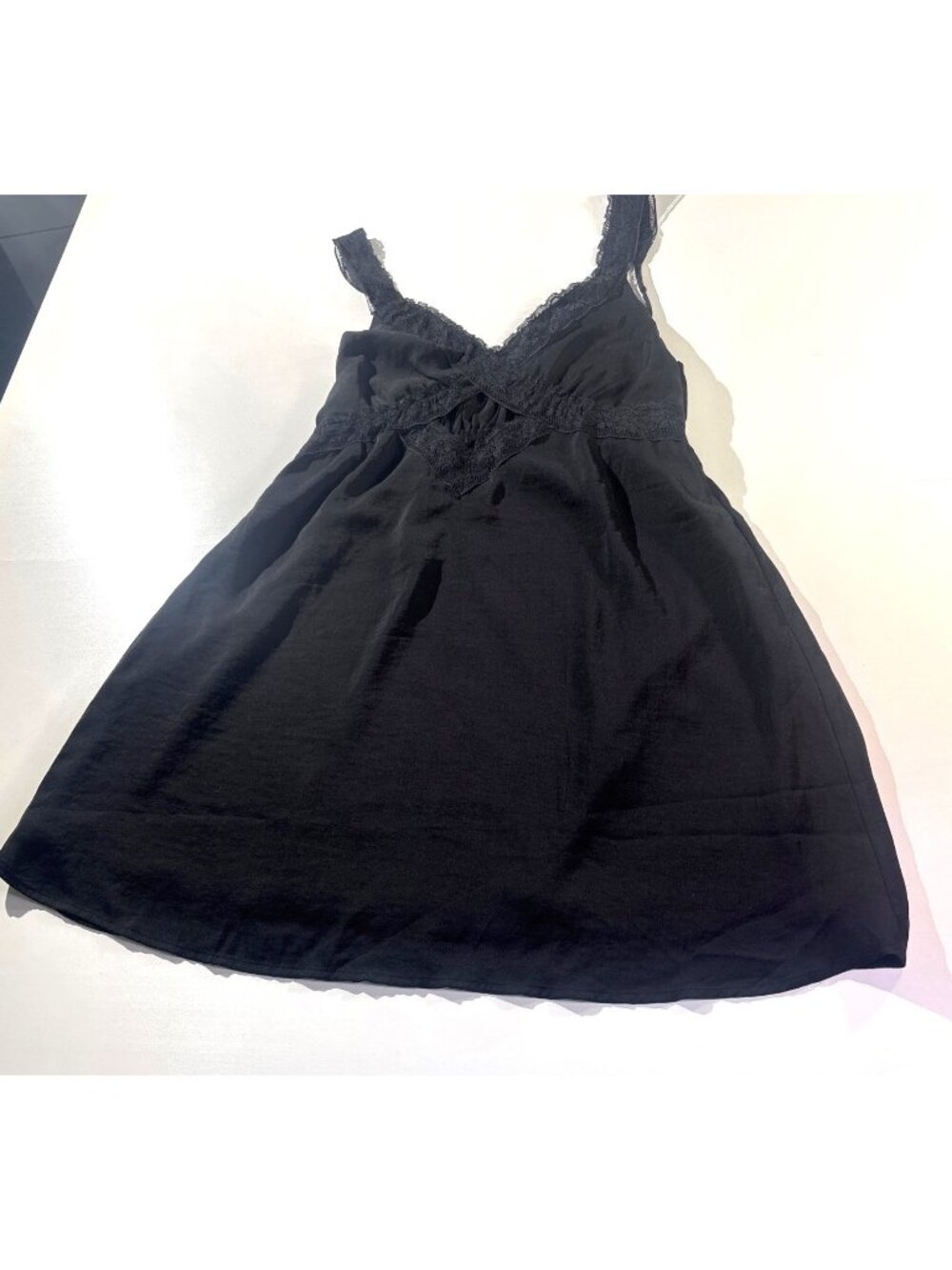 Black Sleeveless A-Line Mini Dress With Lace V-Neck & Adjustable Straps